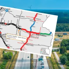 Mapa drogowa pokazuje, gdzie są Siedlce, na wschód od Warszawy, z zaznaczonymi drogami S19 i A2.