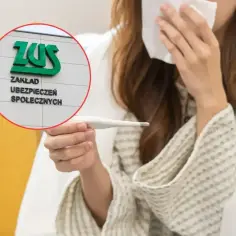 Chora osoba z termometrem i chusteczką, w tle logo ZUS. Czas na L4 na wypowiedzeniu.