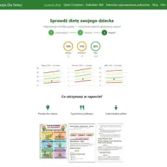 Wykresy pokazują wyniki analizy wagi, wzrostu i BMI dziecka, uwzględniając **skalę centylową**. Raport zawiera porady, jadłospis i indywidualny plakat.