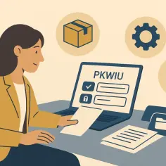 Kobieta pracuje przy laptopie z napisem PKWIU. Ikony symbolizują handel, procesy i biznes. Przygotowanie do limit vat 2025.