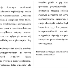 Streszczenie pracy licencjackiej o grach komputerowych w edukacji wczesnoszkolnej, analizujące ich wpływ na dzieci.