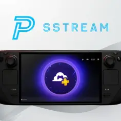 Konsola Steam Deck z logo "P SSTREAM" i ikoną chmury z plusikiem na ekranie.