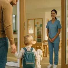 Ojciec prowadzi dziecko z plecakiem do żłobka, gdzie wita je uśmiechnięta opiekunka. To pierwszy krok, jak przygotować dziecko do żłobka.