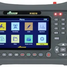 Miernik sygnału antenowego SIGNAL R10210 z menu wyboru funkcji: Satellite, Terrestrial, Cable, Spectrum, Network, Other, Media Center, Setting. Pomocny w tym, jak zmierzyć sygnał antenowy.