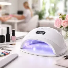 Biała lampa na USB do paznokci, z wyświetlaczem cyfrowym, otoczona lakierami, pędzelkami i próbkami kolorów. W tle salon kosmetyczny.