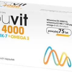 Opakowanie suplementu diety ibuvit D3 4000 z witaminą K2 MK-7 i omega-3, dla dorosłych powyżej 75 lat.