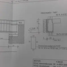 Zbrojenie nadproża 5m, przekrój "DD" z detalami i wymiarami.