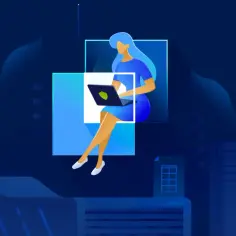 Kobieta z laptopem, symbolizująca bezpieczeństwo danych i ochronę, jak w rozwiązaniach Acronis, siedzi w cyfrowej przestrzeni.