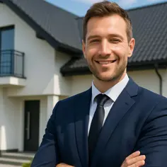 Uśmiechnięty agent nieruchomości w garniturze przed nowoczesnym domem. To on wie, kto płaci agentowi nieruchomości za jego usługi.