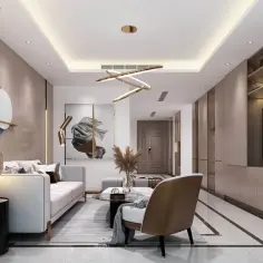 Nowoczesny salon z designerskim oświetleniem, co na sufit w salonie dodaje elegancji. Wygodna sofa, fotel i dekoracje tworzą przytulną atmosferę.