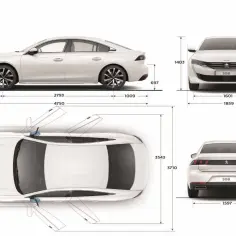 Peugeot 508 wymiary: widok z boku, przodu, tyłu i z góry z naniesionymi wymiarami.