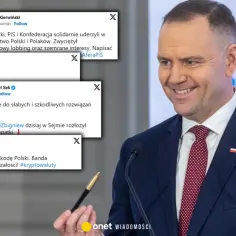 Uśmiechnięty polityk w garniturze, na ekranie widoczne tweety krytykujące głosowanie weta prezydenta i lobbing kryptowalutowy.
