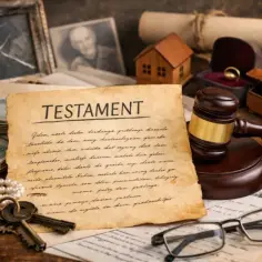 Na stole leży stary testament, obok młotek sędziowski, pieniądze, klucze i okulary.