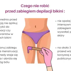 Depilacja bikini: unikaj kosmetyków, słońca i basenu przed zabiegiem. Nie rób depilacji w trakcie menstruacji.