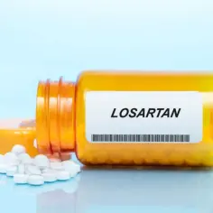 Pomarańczowa butelka z tabletkami, na etykiecie widnieje napis LOSARTAN. Kilka tabletek wysypało się na powierzchnię.