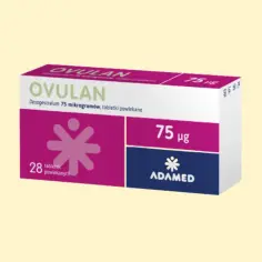 Opakowanie leku OVULAN 75 µg, zawierające 28 tabletek powlekanych. Preparat z desogestrelem, stosowany m.in. w antykoncepcji.