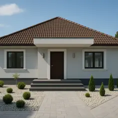Nowoczesny dom z brązowym dachem i białymi ramami okien. Jasna elewacja, schludny ogród z kamykami i krzewami.
