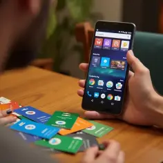 Osoba trzyma smartfon z widocznym sklepem Google Play, obok leżą karty podarunkowe. Dowiedz się, jak doładować saldo Google Play.
