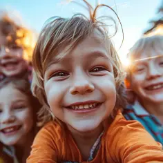 Uśmiechnięte dzieci robią sobie selfie. Wesoła zerówka cieszy się słońcem i zabawą na świeżym powietrzu.