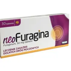 Opakowanie leku neofuragina max, zawierające 30 tabletek, stosowanego w leczeniu zakażeń dolnych dróg moczowych.