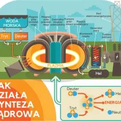 Schemat działania fuzji jądrowej: deuter i tryt w plazmie wytwarzają energię, hel i neutron.