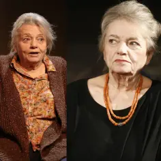 Anna Seniuk obecnie, w brązowym swetrze i kwiecistej koszuli, oraz w czarnej bluzce z koralami.