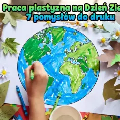 Dziecko koloruje kredkami naszą niebieską planetę. Wokół rysunku liście i kwiatki, symbolizujące troskę o Ziemię.