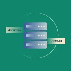 Ilustracja przedstawia działanie serwera DNS: nazwa domeny "domain.com" jest tłumaczona na adres IP "172.19.128.1".