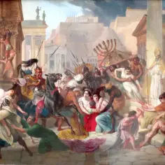 Chaos i zniszczenie w Rzymie. Ludzie uciekają przed najeźdźcami, symbolizując upadek Cesarstwa Zachodniorzymskiego.