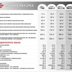 Cennik myjni ręcznej Techcar. Oferta obejmuje mycie, wosk, polerowanie i kompleksowe sprzątanie wnętrza. Sprawdź ceny usług.