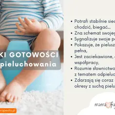 Dziecko siedzi na nocniku, co jest oznaką gotowości do odpieluchowania. Potrafi stabilnie siedzieć, chodzić i biegać.
