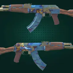 Dwa karabiny AK-47 z unikalnym wzorem "case hardened blue gem", drewniane kolby i magazynki.