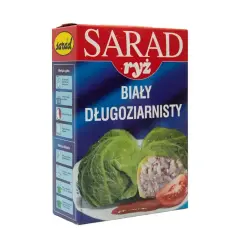 Ryż SARAD biały długoziarnisty – idealny, jaki ryż do gołąbków. Na opakowaniu zdjęcie gotowych gołąbków.