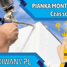 Dłoń trzymająca pistolet z pianką montażową, biała pianka, rysunkowa postać z pytajnikami.