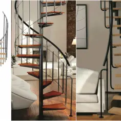 Minimalny otwór na schody kręcone z drewnianymi stopniami i metalową balustradą, idealne do nowoczesnych wnętrz.