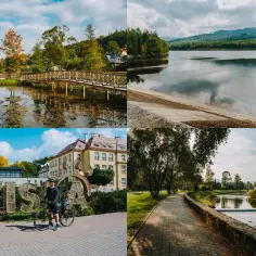 Malownicze atrakcje Wisła i okolice: park z mostkiem, jezioro, napis Wisła z rowerzystami, ścieżka nad rzeką.