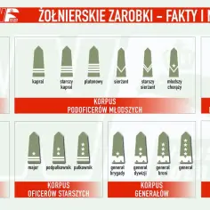 Grafika przedstawia stopnie wojskowe, od szeregowego do marszałka. Widoczny jest stopień kaprala z dwoma paskami.