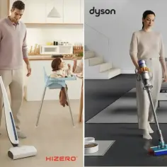 Porównanie: co lepsze Hizero czy Dyson? Mężczyzna z psem sprząta kuchnię Hizero, kobieta z kotem salon Dysonem.
