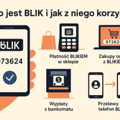Ręka trzyma telefon z numerem 973624, pokazując możliwości BLIK: płatności w sklepie, zakupy online, wypłaty z bankomatu i przelewy na telefon.