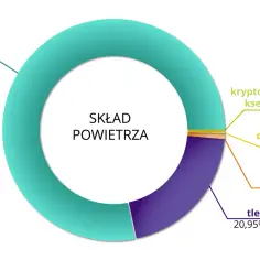 Wykres kołowy ukazuje skład powietrza, kluczowy element naszej geografii. Dominujący azot (78,08%) i tlen (20,95%) tworzą podstawę atmosfery.