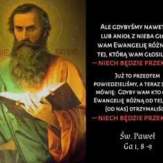 Św. Paweł z mieczem i Ewangelią, symbol jego nawrócenia. Cytat z Listu do Galatów.