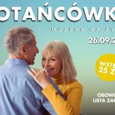 Potańcówka dla seniorów w Warszawie 26.09.2025. Uśmiechnięta para seniorów tańczy przy muzyce na żywo. Wstęp 25 zł.