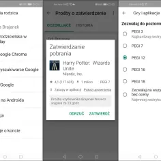 Ekran telefonu z ustawieniami rodzicielskimi. Widoczna jest prośba o zatwierdzenie pobrania gry, a także opcje ustawień PEGI. To może pomóc w zrozumieniu, jak odinstalować Family Link.