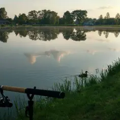 Wędka czeka na ryby nad spokojnym jeziorem. Kaczki pływają w oddali, a odbicia drzew i chmur tworzą malowniczy krajobraz.