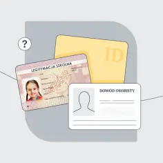 Czy legitymacja szkolna jest dokumentem tożsamości? Obok niej widać wzór dowodu osobistego i kartę ID.