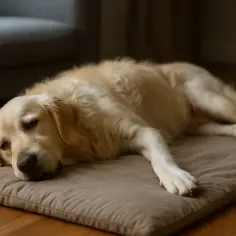Złoty retriever leży na poduszce, wyglądając na osłabionego.