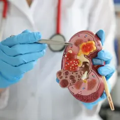 Lekarz w niebieskich rękawiczkach pokazuje model nerki z widocznymi zmianami, sugerującymi kamicę nerkową.