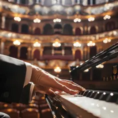 Dłonie muzyka grające na fortepianie w sali koncertowej. Marzenie o karierze w szkołach musicalowych Warszawa zaczyna się od takich chwil.