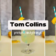 Czy woda gazowana z syfonu zmienia smak drinka Tom Collins? Trzy identyczne drinki z cytryną i słomką, z napisem "Tom Collins".