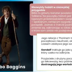 Bilbo Baggins, hobbit z laską, w bordowym płaszczu i zielonej kamizelce.